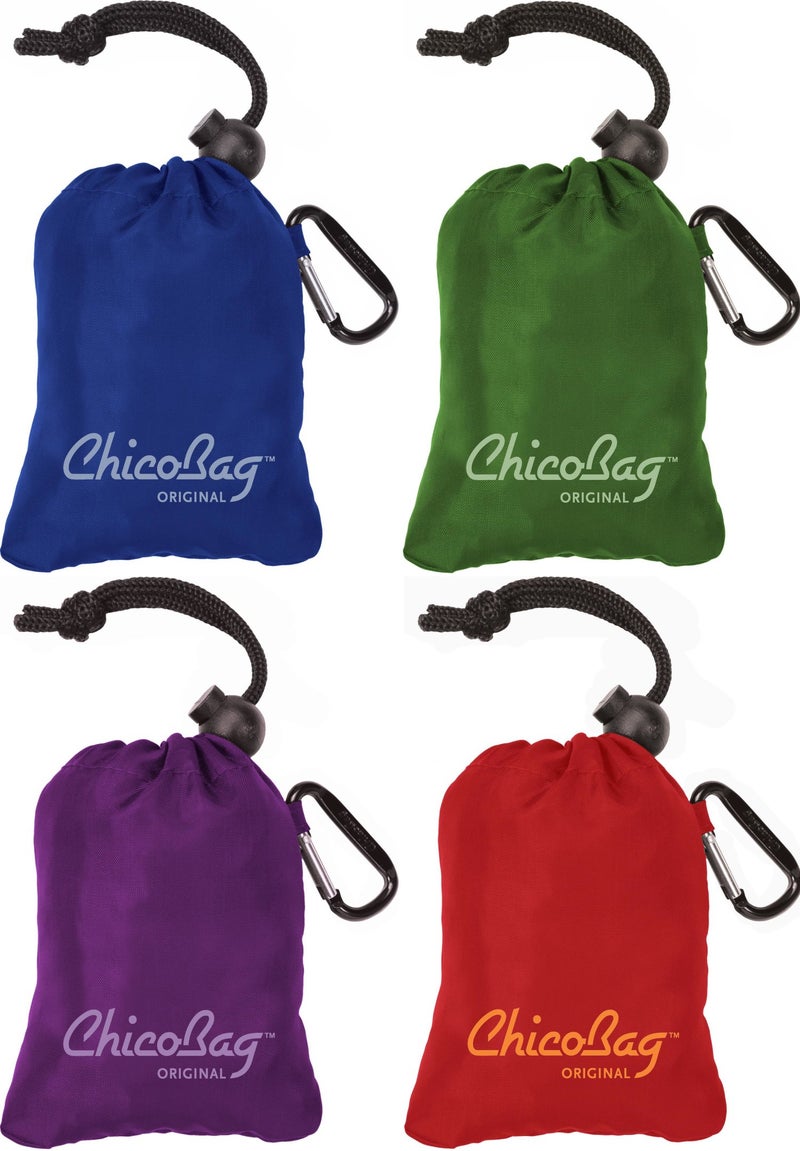 ChicoBag Original Reusable Grocery Bag with Attached Pouch and Carabiner Clip, Variety 4 Pack - Blue, Green, Purple, and Red - Image 1